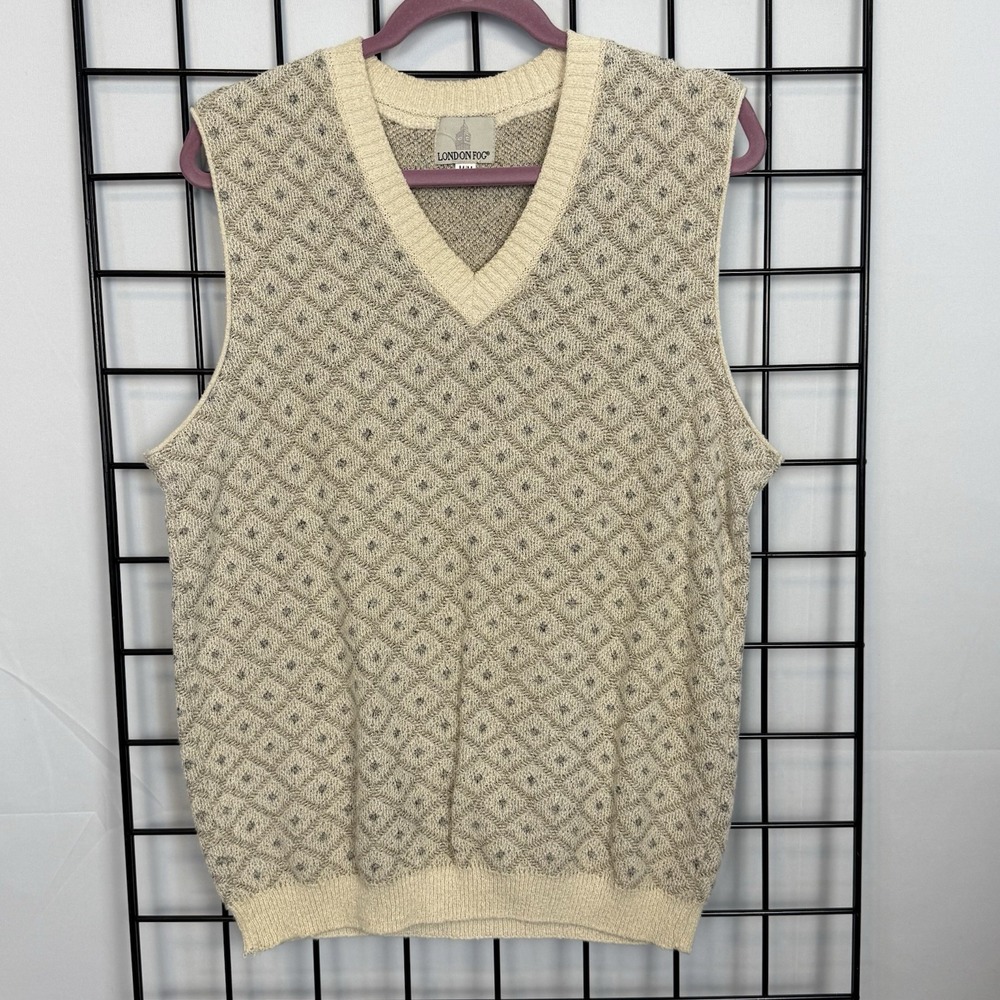Vintage London Fog  Sweater Vest Mens Medium Beige Geometric Eclectic Grandpa‎